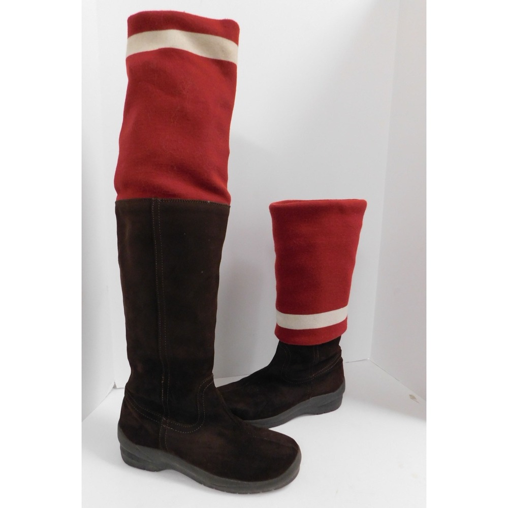 Bally Brown Suede Leather Red White Stripe Knit Sheep Shearling Lined sz 40